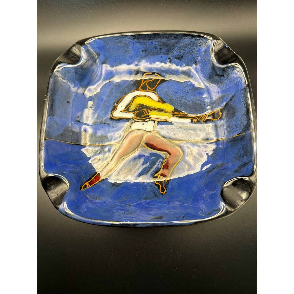 Vintage Mid Century Modern Italian Pottery Ashtray Musician Guitarist Blue Glaze